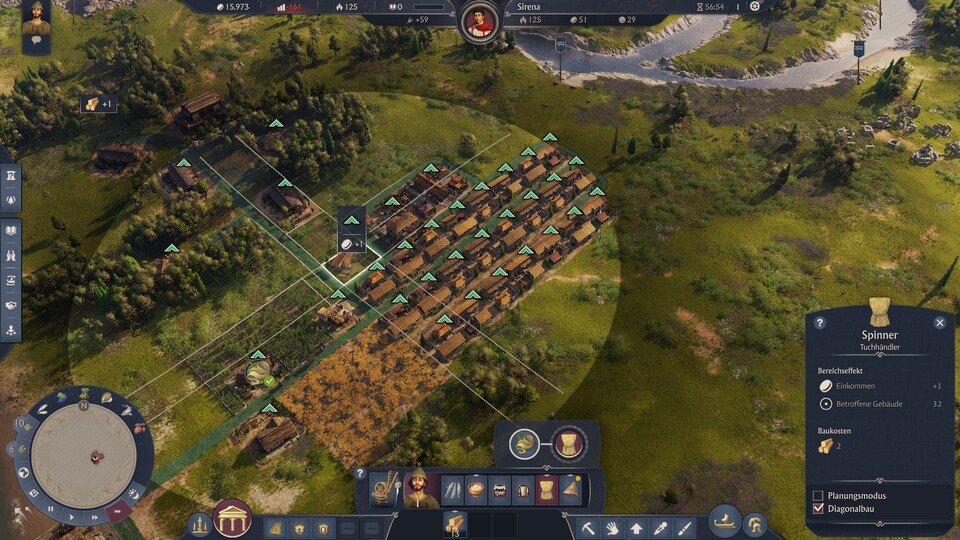 Behaltet beim Bauen die Pfeile über Gebäuden im Blick. Sie zeigen an, ob das Gebäude einen Buff oder einen Malus bringt.