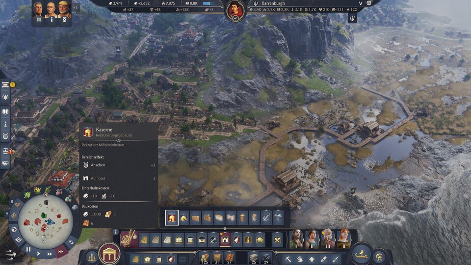 Teilt die bebaubaren Flächen gut ein, denn in Albion sind sie rar. Zumal manche Gebäude Sumpfland brauchen (rechts), und andere auf festem Boden stehen müssen, wie die Kaserne.