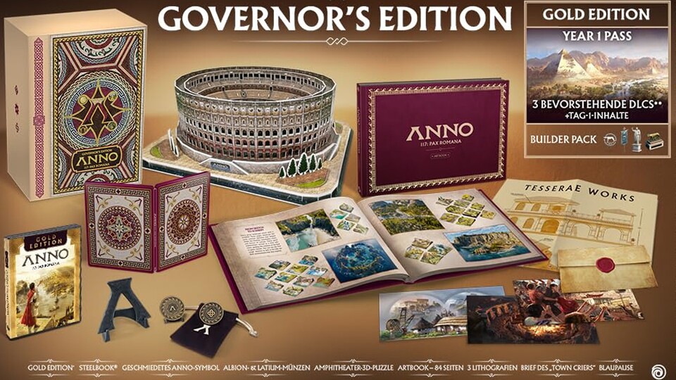 Ein wahrer Schatz für Sammler: Die Governors Edition von Anno 117: Pax Romana vereint hochwertige physische Goodies wie das Amphitheater-Puzzle, ein Artbook und Sammlermünzen mit exklusiven digitalen Inhalten und dem Year 1 Pass.