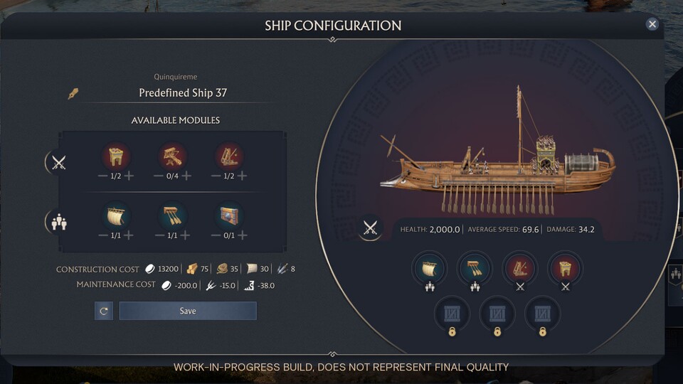 So wird der Schiffsbaukasten in Anno 117 voraussichtlich aussehen. Ihr könnt die sechs Module sehen und direkt darunter, was der ganze Spaß kostet.