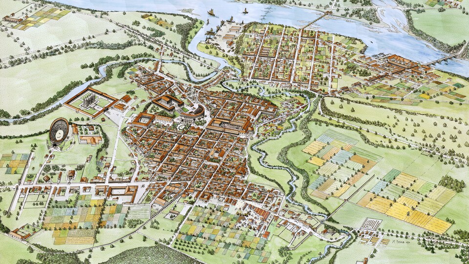Obwohl sich Augusta Raurica bei Basel dem schwierigen Gelände anpassen musste, sind Merkmale des Castra-Plans auszumachen. Zum Beispiel das rechtwinklige Straßennetz und die zentralen öffentlichen Gebäude. (Bild: MunatiaPlancina, Wikipedia)