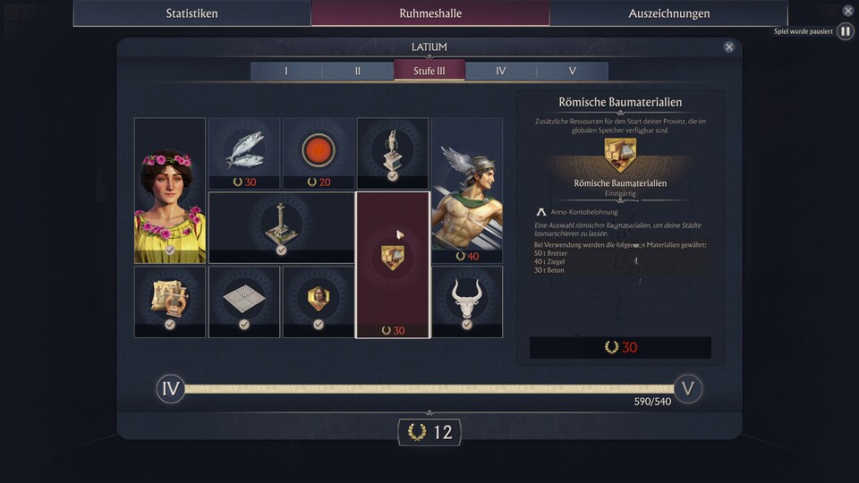 Jede Region in der Ruhmeshalle bringt andere Boni.