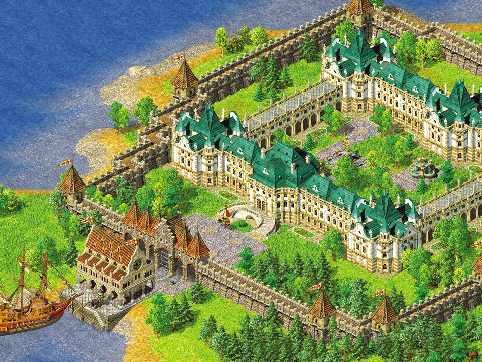 Belohnungsbauten wie dieses Schloss lassen die Herzer der Siedler lange hüpfen; vor dem Haupttor wartet sogar eine hübsche Dame.