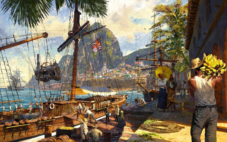 Die Bilder in Anno 1800 und Anno 117 sind stilistisch sehr ähnlich. Auch bei 1800 sorgt der Malstil für weniger Details in der Ferne und einen Unschärfeeffekt. Aber große Fehler werden Sie hier nicht finden.