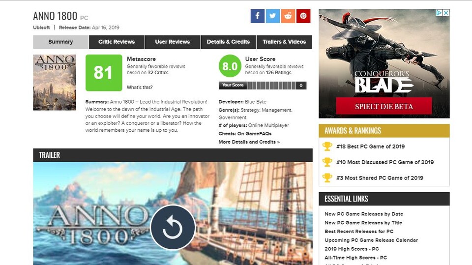 GameStar liegt mit 89 Punkten für Anno 1800 gleich 8 Punkte über dem aktuellen Metacritic-Schnitt. Umso wichtiger ist es für uns, dass ihr unserem Urteil vertraut.