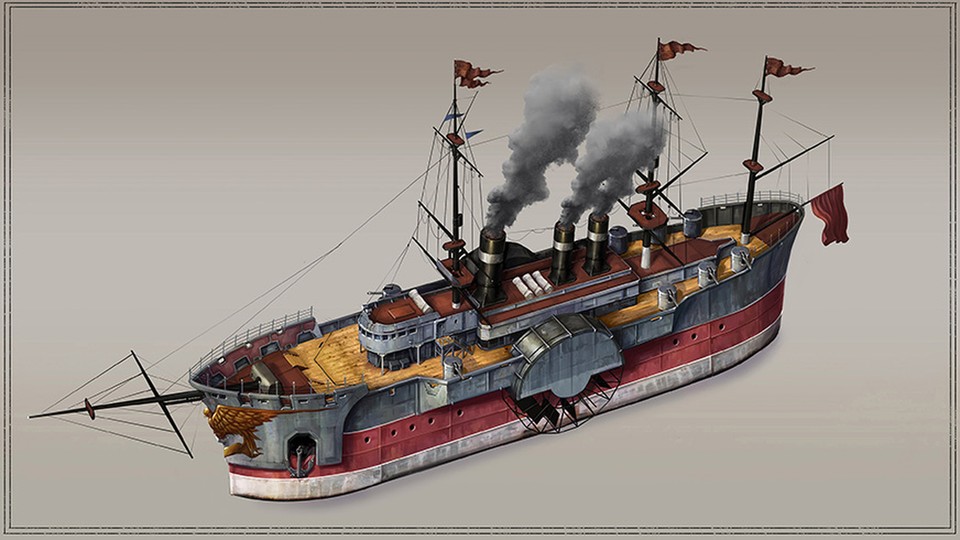 In den Seeschlachten von Anno 1800 treffen moderne Dampf- auf klassische Segelschiffe. 