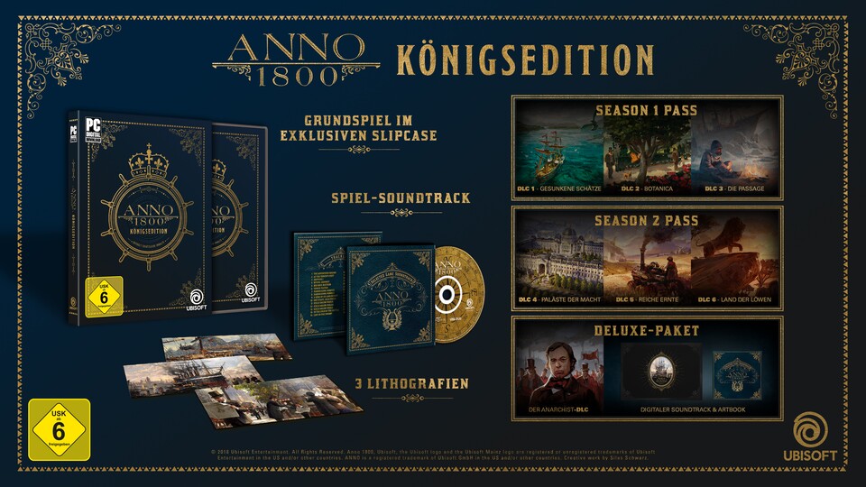 Die Anno 1800: Königsedition bekommt ihr in der Box-Version zuammen mit dem Soundtrack auf CD und drei Lithografie-Artworks.