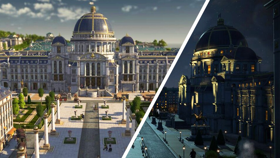 Bei Tag und Nacht gleichermaßen eindrucksvoll: Die Paläste im neuen Anno-1800-DLC.