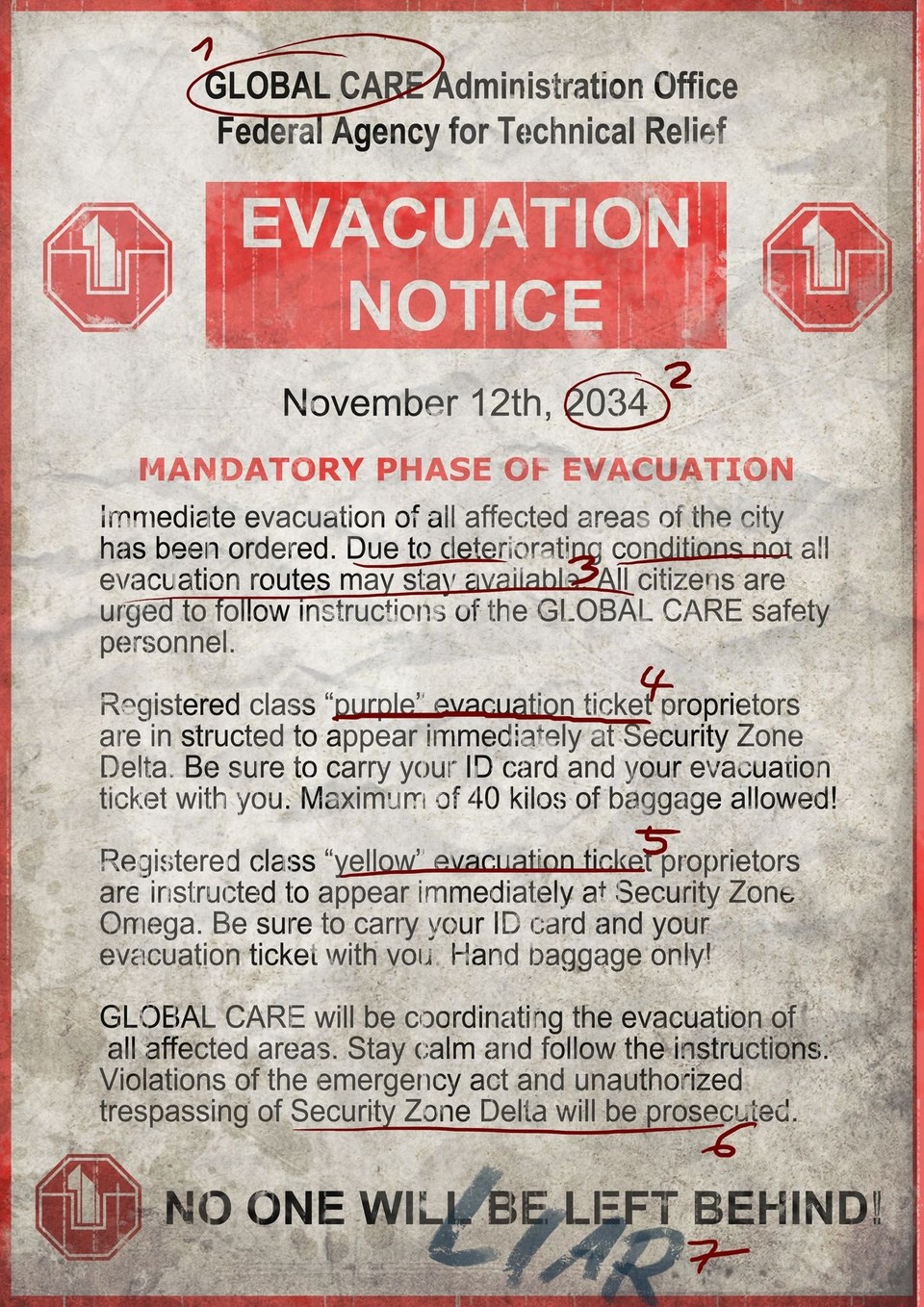 Fiktive Dokumente aus der Zukunft wie dieser Evakuierungshinweis aus dem »schwarzen November 2034« helfen dabei, sich in das Setting und die Welt einzufühlen.