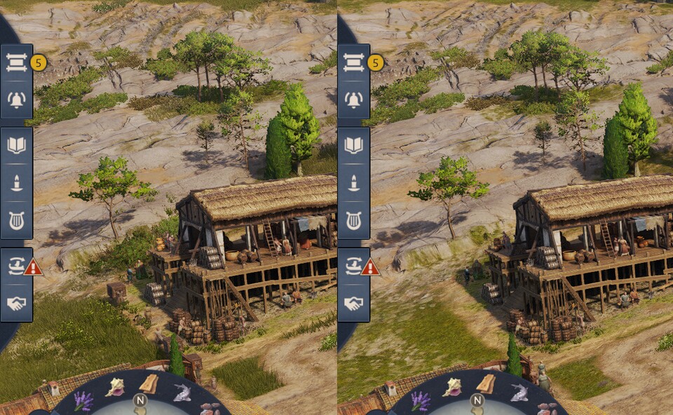 Auf niedrigem Objektdetailgrad werden deutlich weniger Objekte angezeigt und auch die Vegetation, wie Gräser und Blumen verschwinden teilweise komplett. Links seht ihr die »Ultra Hoch«-Einstellung und rechts die »Niedrig«-Einstellung.