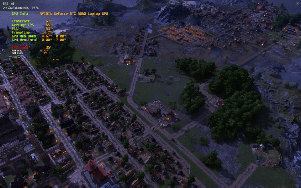 Die Systemanforderungen von Anno 117 sind spürbar höher, als beim Vorgänger. Im Benchmark erreicht das Notebook über 60 FPS. (Bildquelle: Maximilian Schütz GameStar PC)