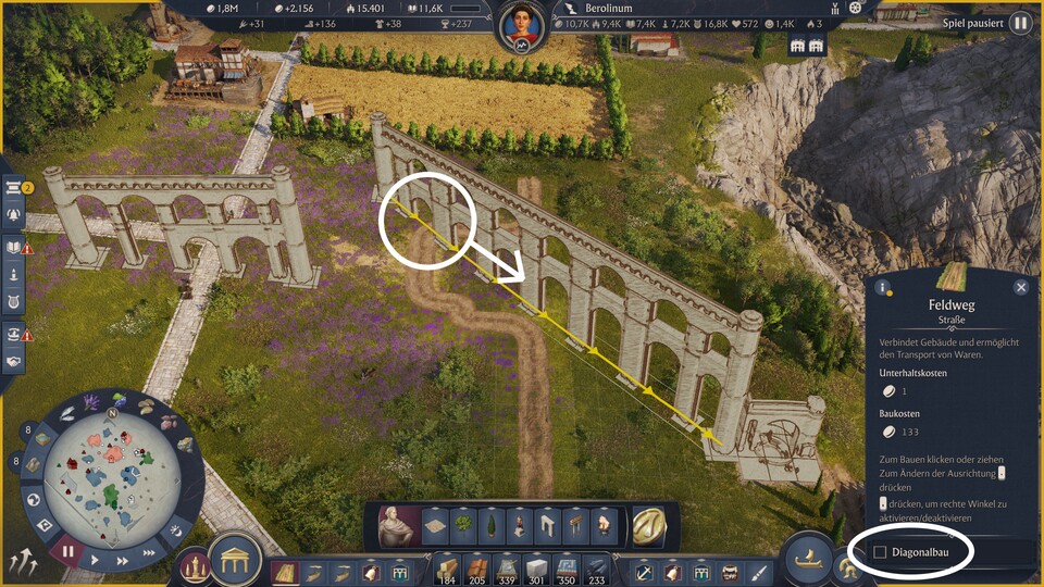 Deaktivieren wir den Diagonalbau, sehen wir die Stelle beim Aquädukt, an der wir die Straße unterführen dürfen. Diese Stelle verschieben wir durchs Verkürzen bzw. Verlängern des Aquädukts an die richtige Stelle.