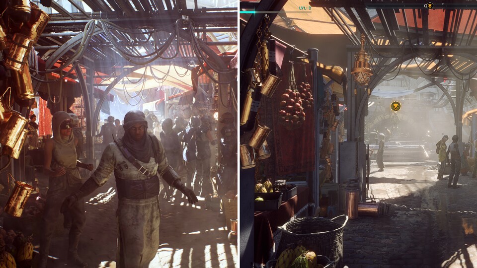 Zwischen den Gameplay-Szenen zu Anthem von der E3 2017 (links) und dem fertigen Spiel (rechts) bestehen optisch teils klar erkennbare Unterschiede.