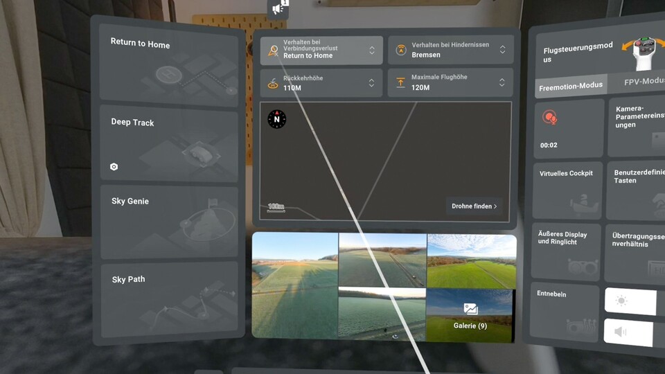 In den Einstellungen der Drohne beziehungsweise Brille gibt es eine Vielzahl von Optionen und Funktionen. Die ganze linke Spalte ist im Grunde nur während des Fluges interessant. (Bild: Patrick Schneider, GameStar Tech)