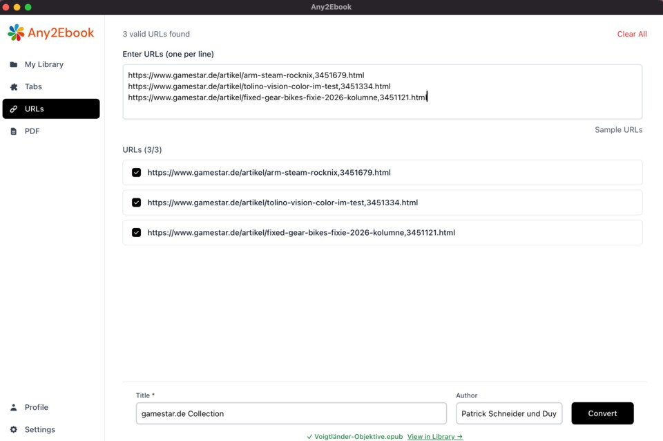 Fügt ihr mehrere Artikel in die URL-Liste ein, fasst die App sie in eine EPUB-Datei zusammen. (Bildquelle: Duy Linh DinhGameStar Tech)