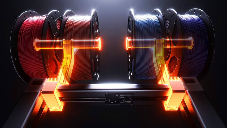 Die Filament-Spulen sind oberhalb des Gehäuses angebracht, sodass sie die Standfläche des Druckers nicht vergrößern.