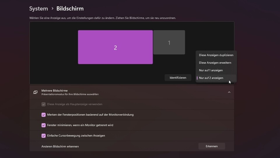 In den Anzeigeeinstellungen legt ihr fest, dass nur der Bildschirm vom Client-Gerät angezeigt werden soll.