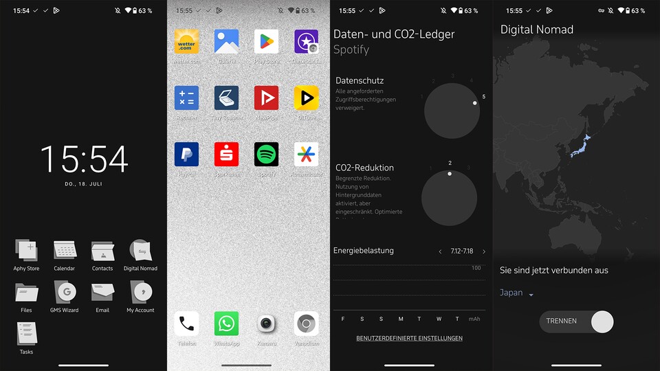 So sieht AphyOS aus. Der Standard-Launcher ist größtenteils monochrom. Besonders gut hat mit der Ledger gefallen, mit dem man den Datenzugriff und den Energieverbrauch anpassen kann. Ganz rechts seht ihr den integrierten VPN »Digital Nomad«.