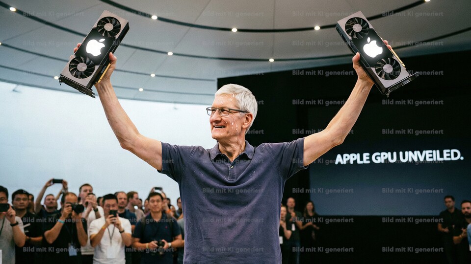 Beim Presse-Event ließ Cook es sich nicht nehmen, die Apple-Grafikkarten stolz in die Höhe zu stemmen, gepaart mit den Worten: »This is breathtaking!«. (Bild KI-generiert mit Adobe Firefly)