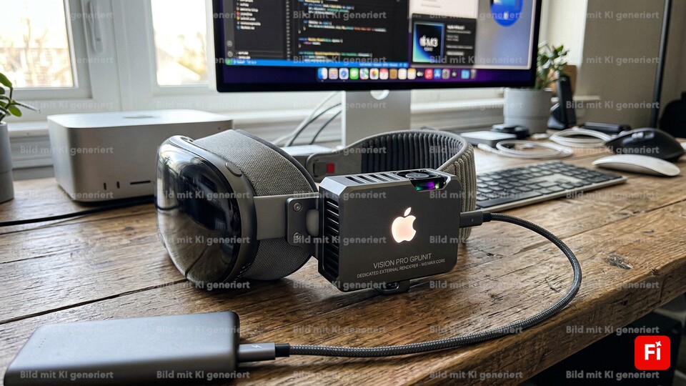Eine erste Version der Apple Vision Pro mit Ray-i-GPU. Um damit das riesige GTA 6 lokal rendern zu können, gibt es eine zusätzliche USB-Festplatte, die beim Tragen praktisch an der Seite herunterbaumelt. (Bild KI-generiert mit Adobe Firefly)