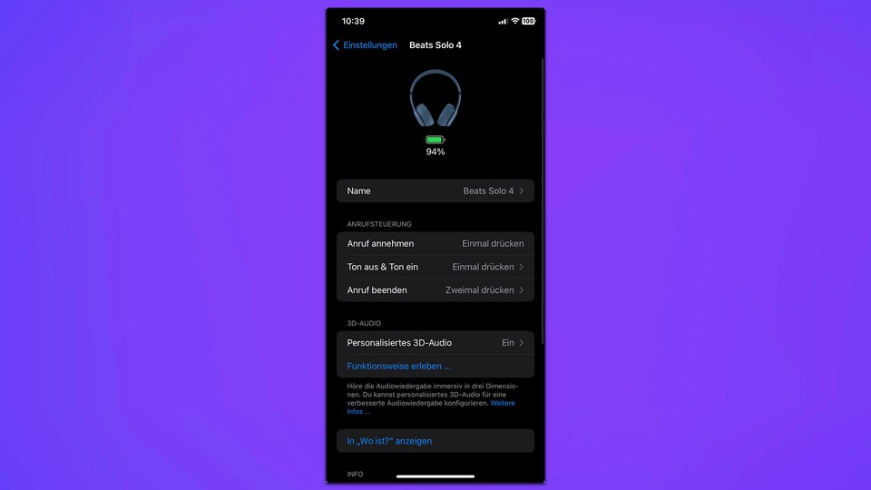 Auf dem iPhone kann man Einstellungen am Beats Solo 4 direkt in den Systemoptionen vornehmen.