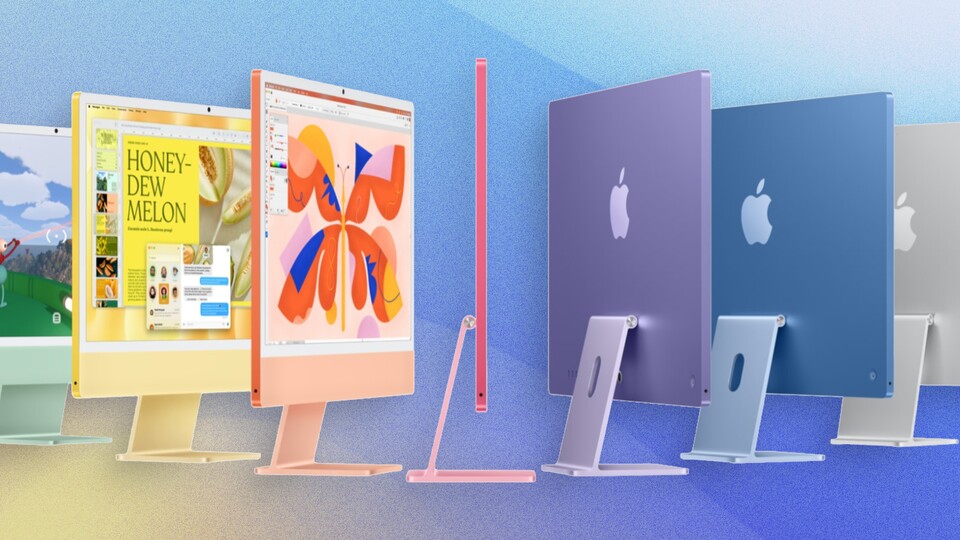 Der iMac mit M6-Chip präsentiert sich wie gewohnt auch gern in knallbunten Farben. (Bildquelle: Apple)