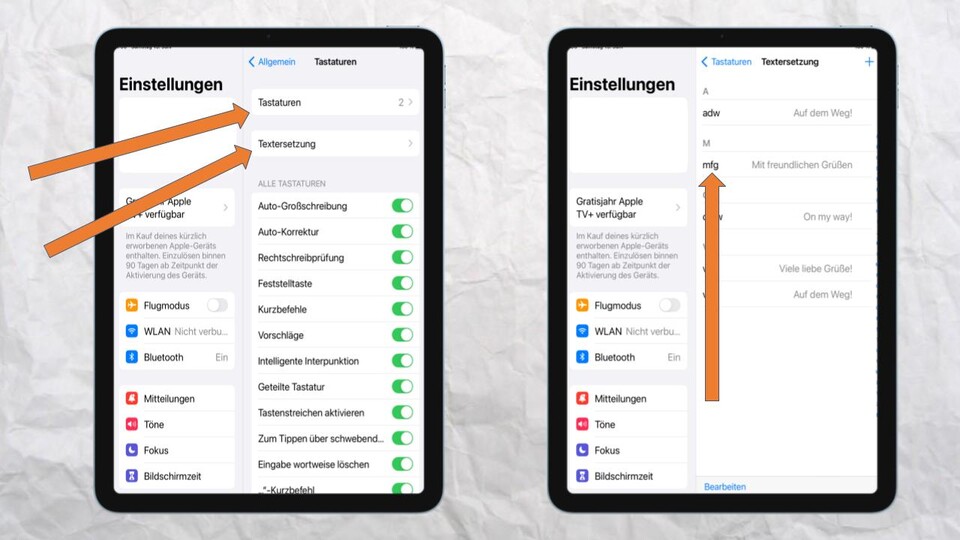 Links: Über Tastaturen könnt ihr verschiedene Einstellungen vornehmen. Rechts: Über Textersetzung könnt ihr eure eigenen Abkürzungen anpassen.