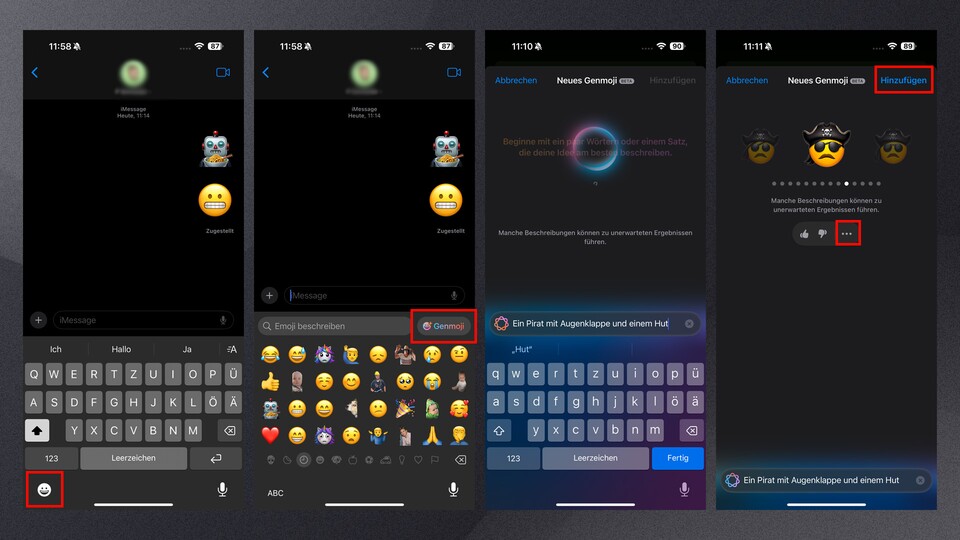 Genmoji lässt sich über die Bildschirmtastatur nahezu jederzeit aufrufen.