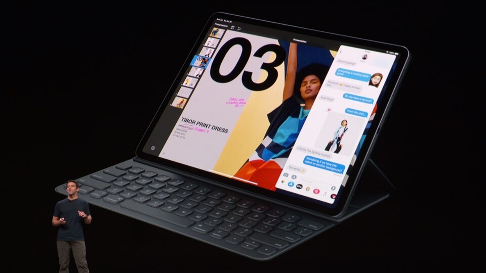 Die neue ansteckbare Tastatur Smart Keyboard Folio lässt sich in zwei unterschiedlichen Winkeln aufstellen und schützt wie das vorige Modell das Display des iPad Pro.