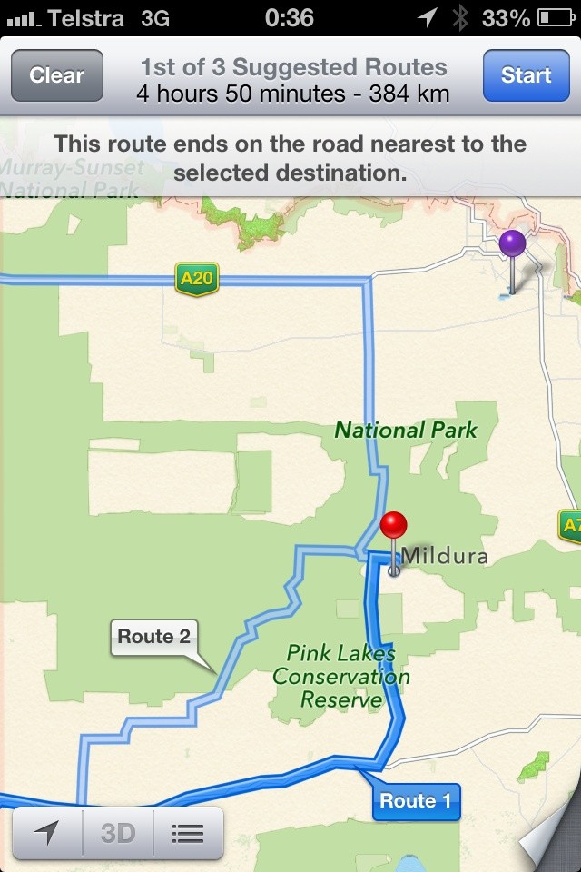 Apple Maps irrt sich bei der Position von Mildura um 70 Kilometer und schickt Reisende in einen Nationalpark ohne Wasserversorgung.