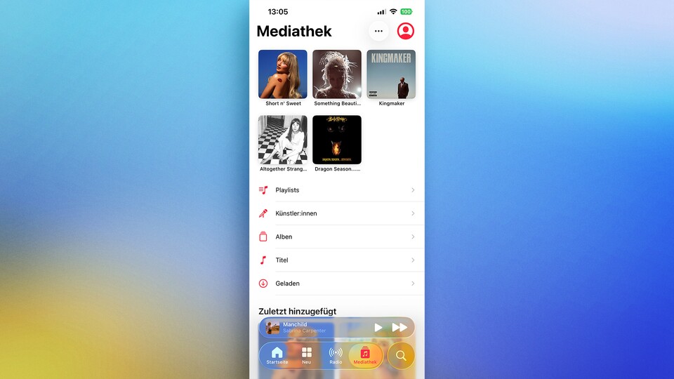 Alben und Songs können nun oberhalb der Mediathek angepinnt werden. Praktisch für den schnell Zugriff auf die eigenen Lieblingstitel. (Bild: GameStar Tech)