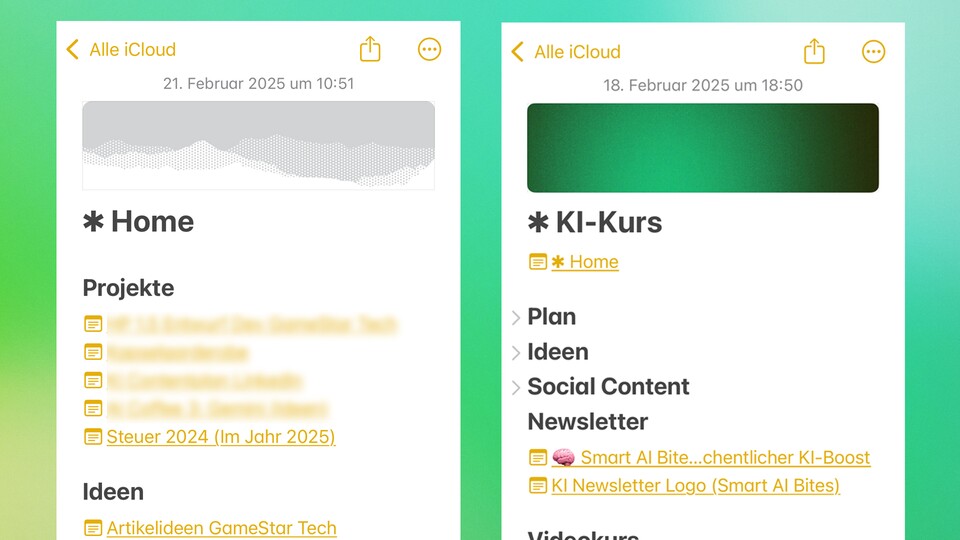 Besonders für Hubs oder längere Projekt-Notizen nützlich: Eingeklappte Abschnitte.