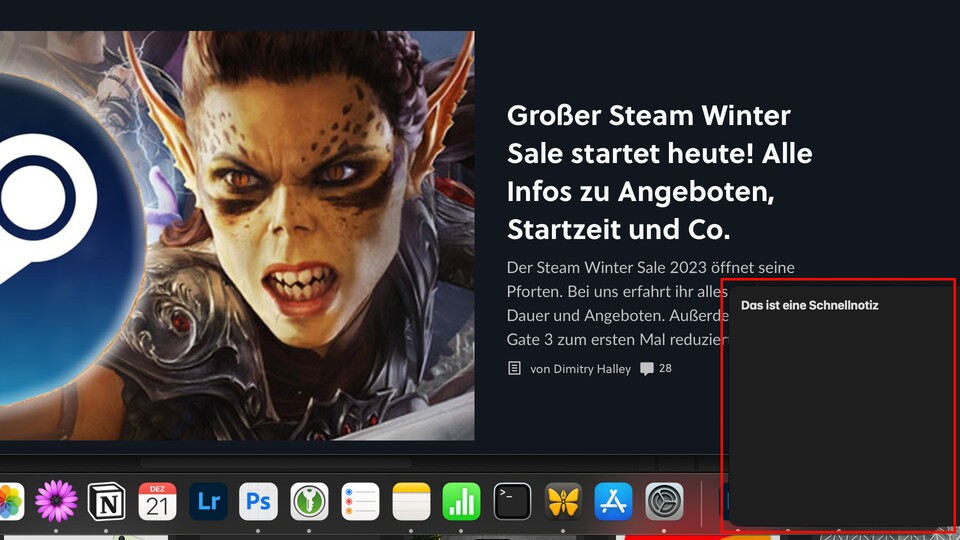 Unten rechts poppt beim Hovern ein kleines Fenster auf, um eine Schnellnotiz zu erstellen.