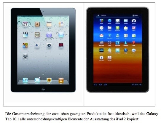 Das iPad neben einem nicht korrekt dargestellten Galaxy Tab aus den Unterlagen, die Apple dem Gericht vorlegte.