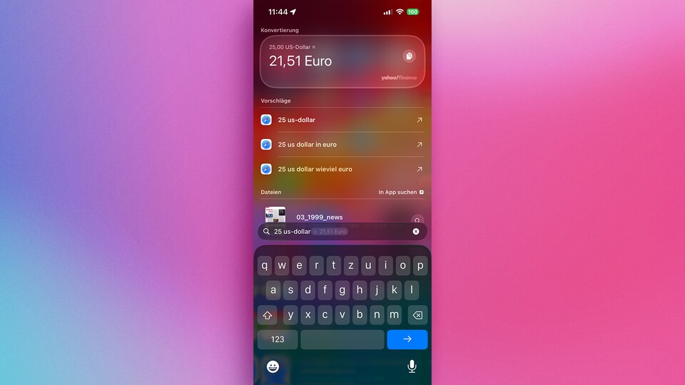 Fremde Währungen lassen sich mit der Spotlight-Suche schnell umrechnen. (Bildquelle: GameStar Tech)