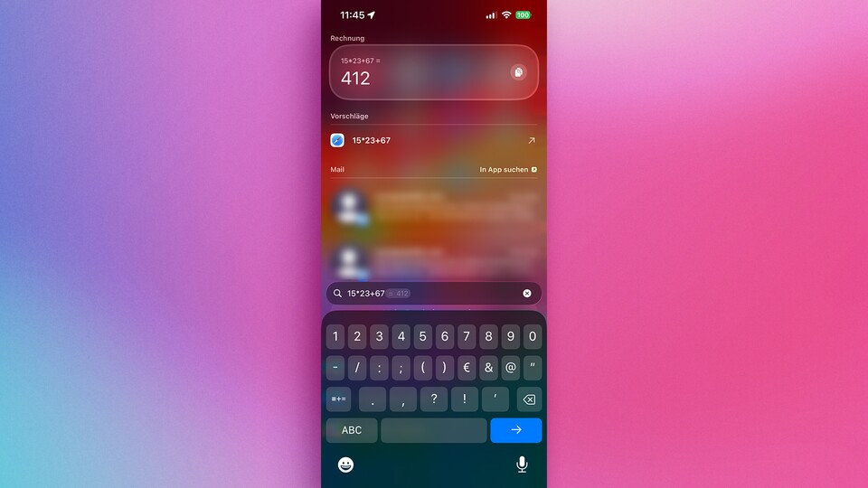 Rechnungen sind über die Spotlight-Suche mitunter schneller erledigt, da man die Taschenrechner-App nicht suchen und öffnen muss. (Bildquelle: GameStar Tech)