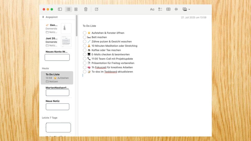 Durch die vielseitigen Strukturmöglichkeiten, könnt ihr Notizen auch ganz individuell anpassen. Hier ein Beispiel für eine To-Do-Liste.