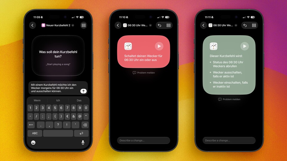 Testweise haben wir einen einfachen Kurzbefehl erstellen lassen. Im ersten Versuch funktionierte lediglich das Einschalten des Weckers. Anschließend haben wir Apple Intelligence auf den Fehler hingewiesen, woraufhin er korrigiert wurde.(Bild: Patrick S. - GameStar Tech)