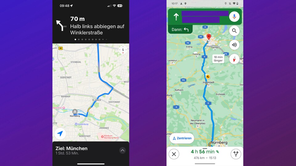 In puncto Navigation besitzt Google Maps die besseren Features. Ihr kommt allerdings mit beiden Apps ans Ziel.