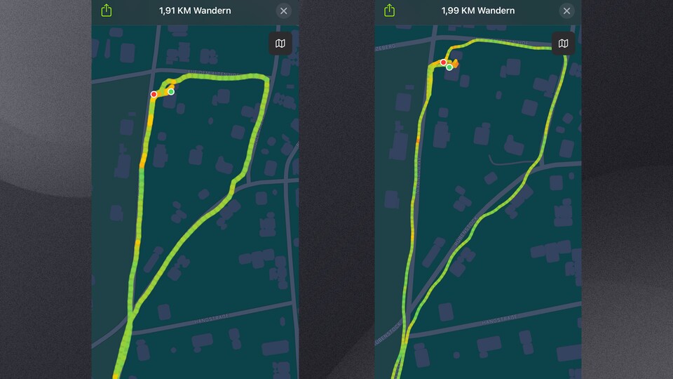 Apple Watches GPS comparison.  Left: Apple Watch Ultra, Right: Apple Watch Series 7