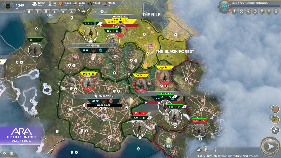 There is a lot to see in this screenshot.  We learn about the first units as swordsmen, light cavalry, and catapult.  We also get an idea of ​​how to divide the zones into small sectors.  Apparently, Ara also works with the living.  Famous landmarks can also be seen.