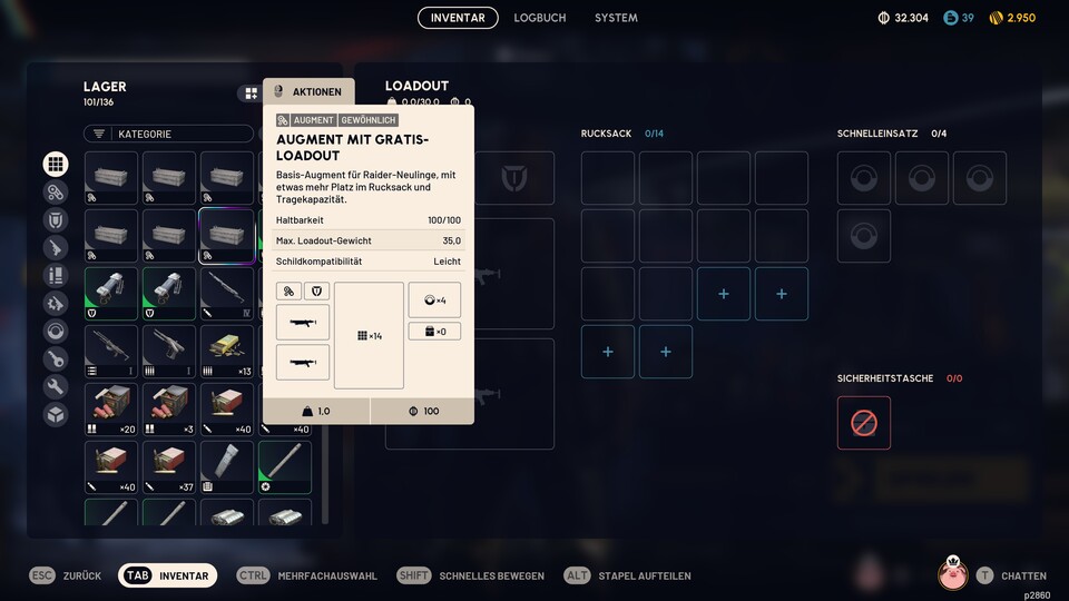 Das Gratis-Augment bietet weniger Rucksackplätze und Loadout-Gewicht, hat keine Sicherheitstasche und unterstützt nur leichte Schilde. Verkauft die Dinger aber nicht, ihr könnt sie gegen bessere Augmente eintauschen!