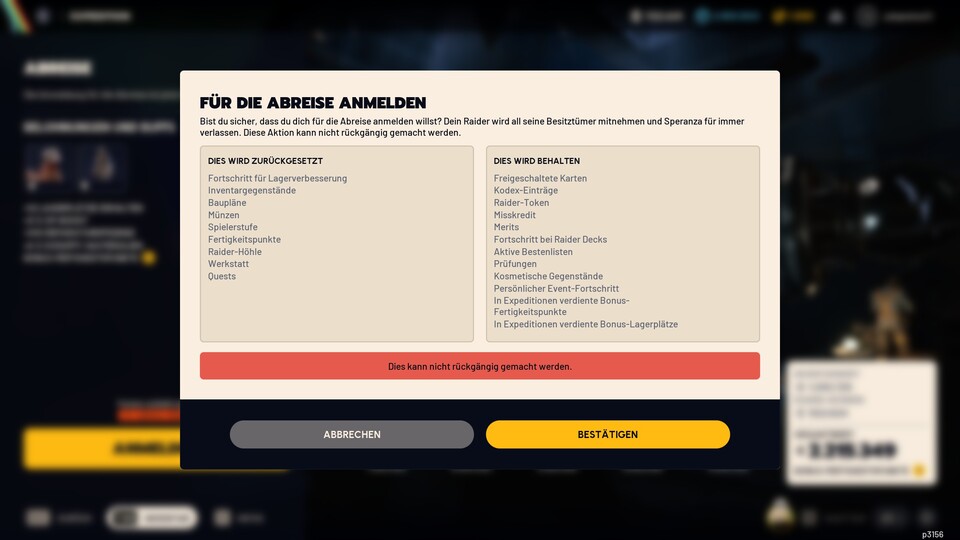 Ihr solltet euch gut überlegen, ob ihr euch für die Abreise anmeldet. Habt ihr euch entschieden, gibt es für den aktuellen Zyklus kein Zurück mehr und ihr verliert am Abreisetag eure Fortschritte und erhaltet dafür die speziellen Boni.