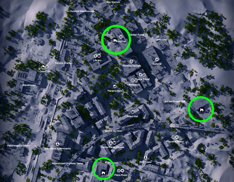 Alle 3 Felddepot-Fundorte auf Begrabene Stadt haben wir auf der Karte grün markiert.