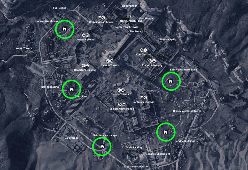 Alle 5 Felddepot-Fundorte auf Raumhafen haben wir auf der Karte grün markiert.