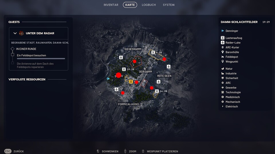 Die Positionen der Felddepots haben wir mit roten Punkten markiert.