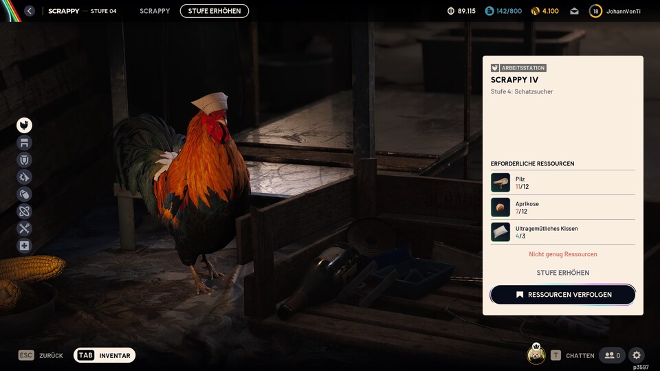 Hahn Scrappy und die Werkbänke könnt ihr mit den richtigen Ressourcen verbessern – verfolgt die benötigten Materialien, damit ihr sie leichter farmen könnt.