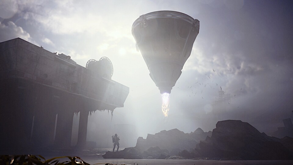 Im Sonnenuntergang wirkt die Turbine beinahe anmutig.