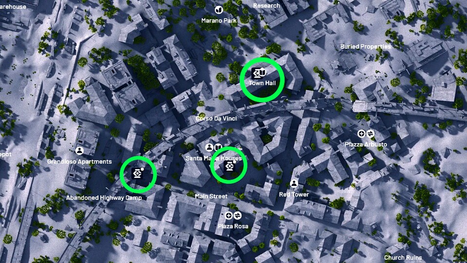 Alle Wächter-Fundorte auf der Karte haben wir grün markiert. Die Stadt wird sehr schnell zum Schlachtfeld, überlegt euch also, wohin ihr bei einem Überfall schnell flüchten könnt, bevor ihr einen Wächter angreift. Bild: Die Karte wurde mithilfe arcraidersmaps.app erstellt.