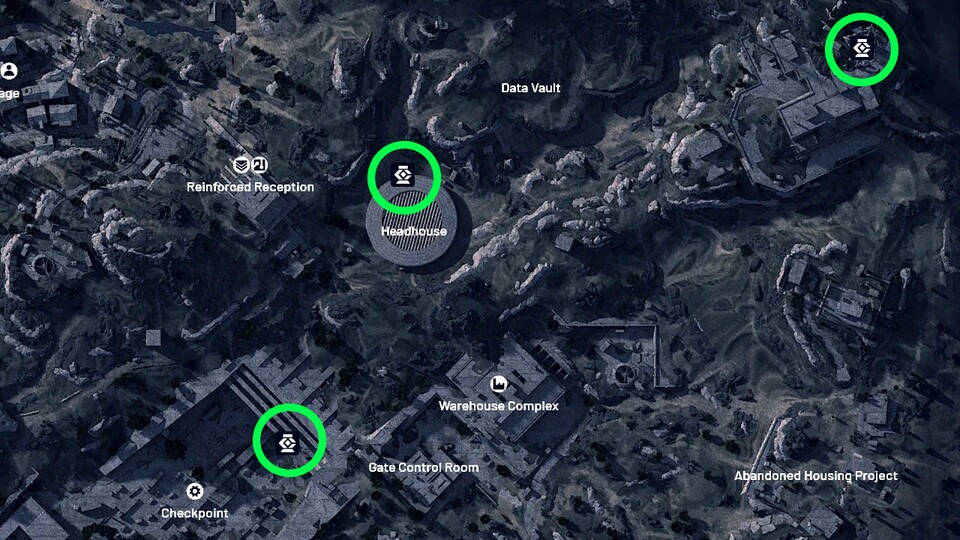 Alle Wächter-Fundorte auf der Karte haben wir grün markiert. Das Blaue Tor ist eine sehr weitläufige Karte, bei der ihr oft über hunderte Meter eingesehen werden könnt. Bild: Die Karte wurde mithilfe arcraidersmaps.app erstellt.